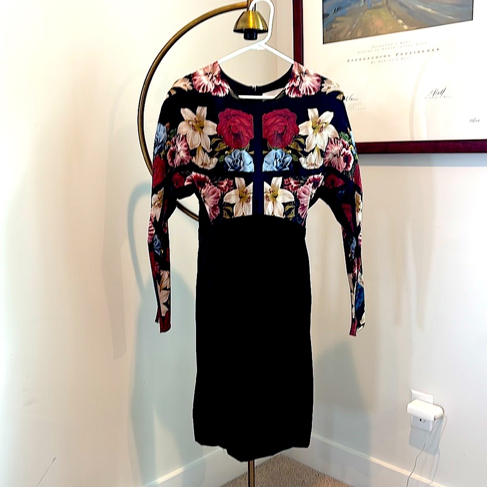 Red and Pink Long Sleeve Sheath Midi Special Occasion Silk and Velvet dress.